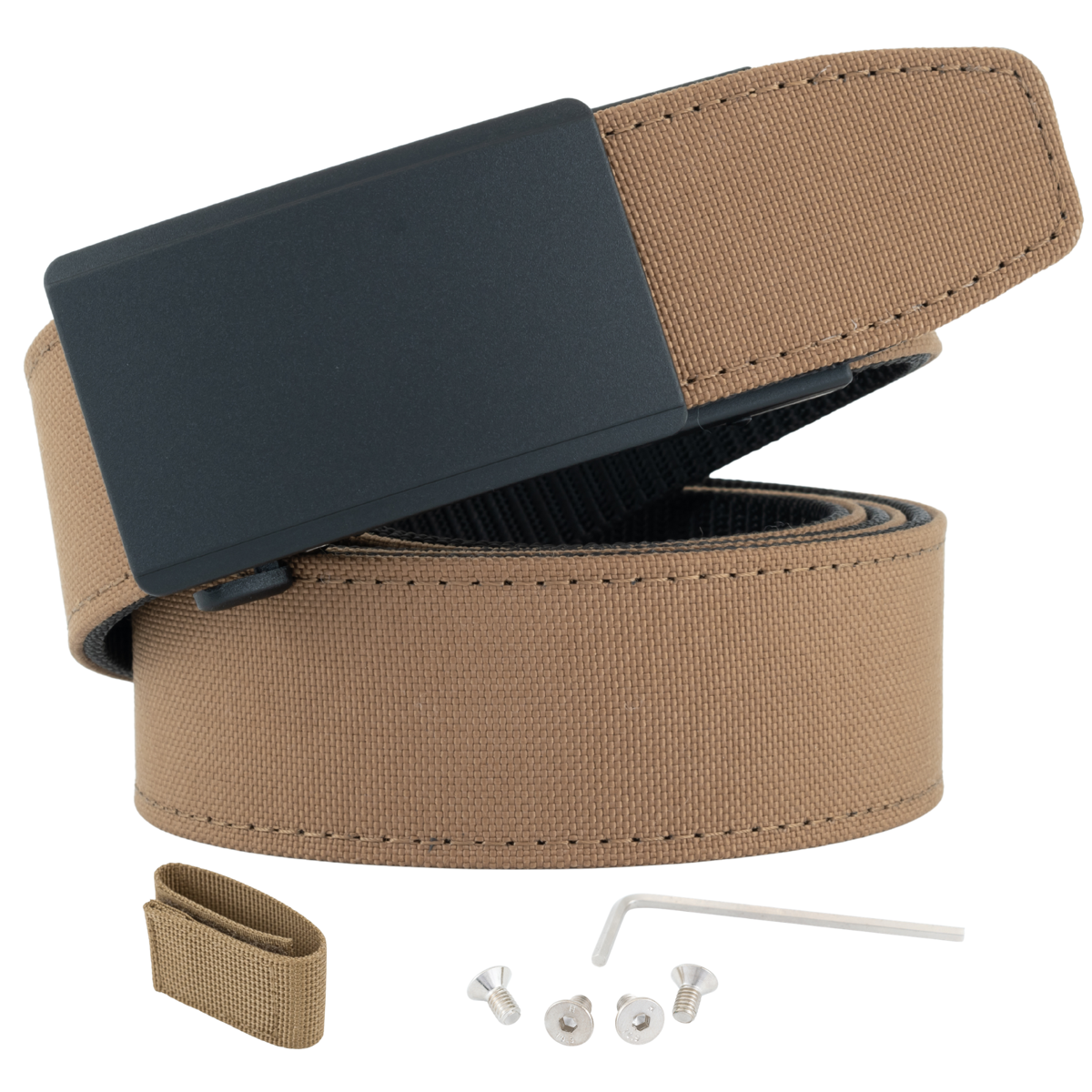 The OPS 1.0 EDC Belt in tan with its buckle, keeper, hex tool and securing screws